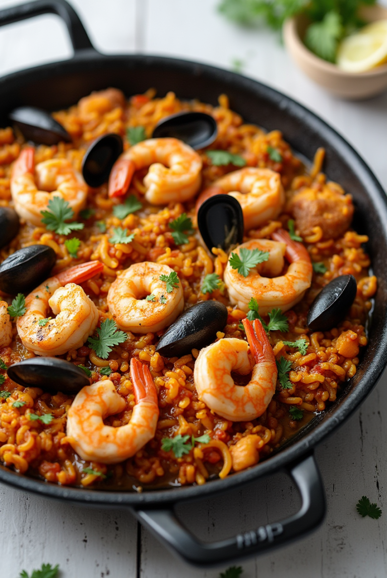 Delicious Spanish Paella with Shrimp and Mussels