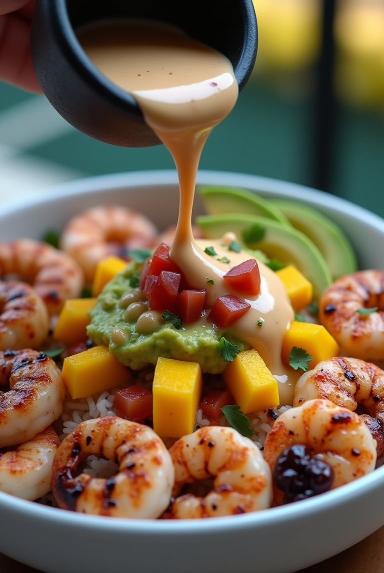Shrimp and Avocado Bowls with Mango Salsa & Lime-Chili Sauce