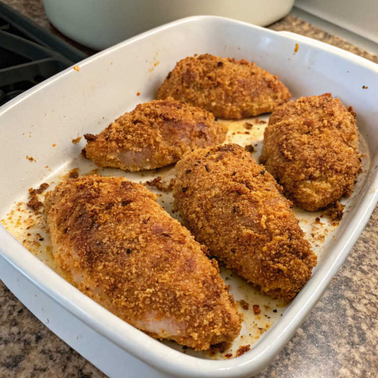 Baked Crumb-Coated Chicken in Dish