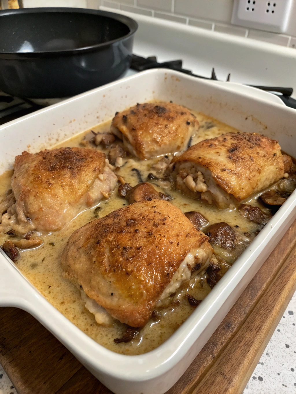 Chicken Thighs with Creamy Sauce in Baking Dish - Instructions