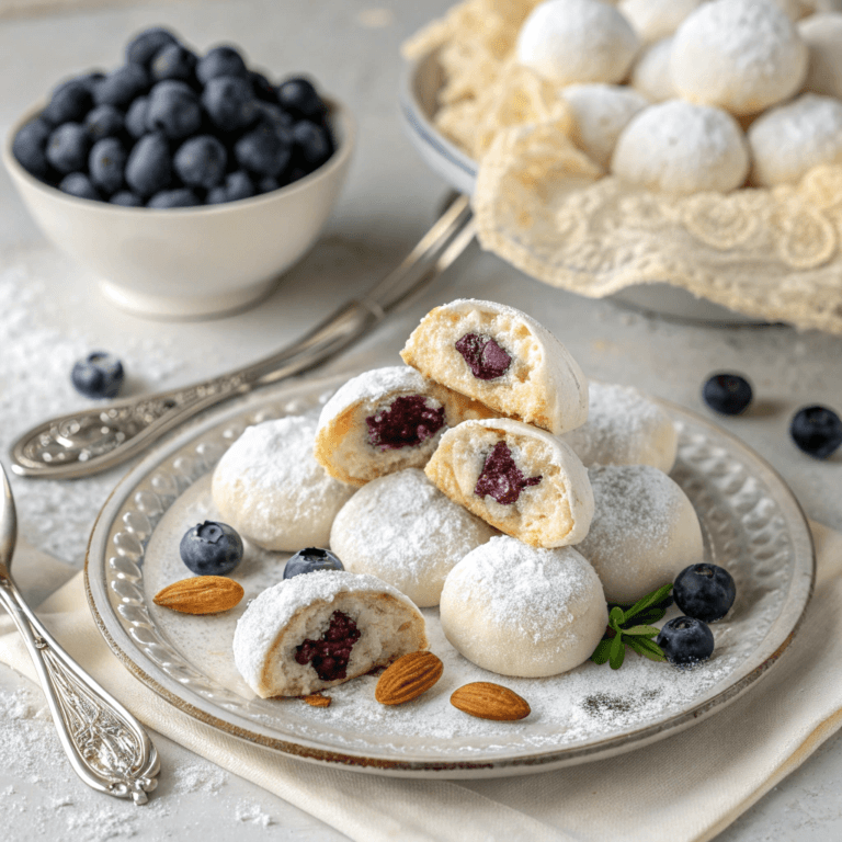 Almond Snowball Cookies: Blueberry-Filled, Powdered